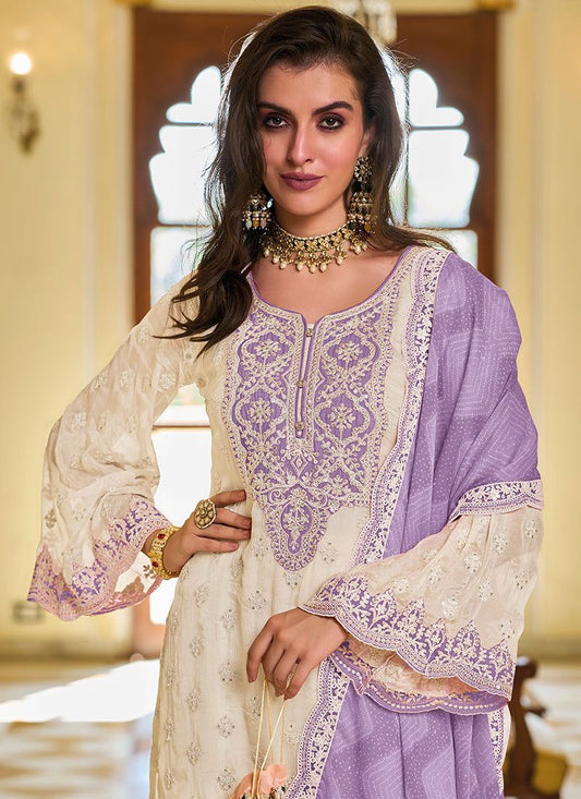 Fashionable White And Purple Color Work Palazzo Suit