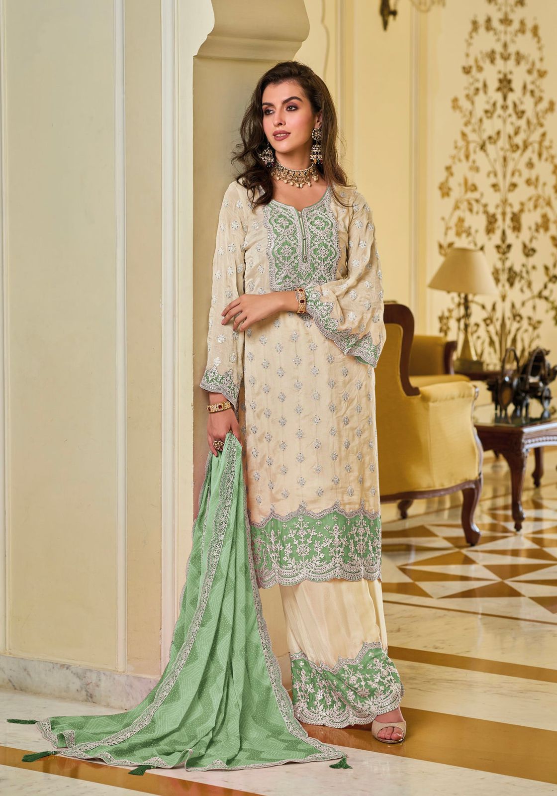 Fashionable White And Green  Color Work Palazzo Suit