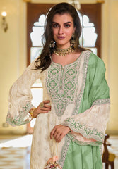 Fashionable White And Green  Color Work Palazzo Suit