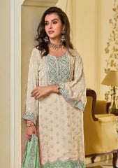 Fashionable White And Green  Color Work Palazzo Suit