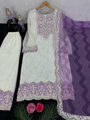 Fashionable White And Purple Color Work Palazzo Suit