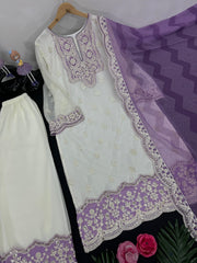 Fashionable White And Purple Color Work Palazzo Suit