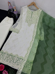 Fashionable White And Green  Color Work Palazzo Suit