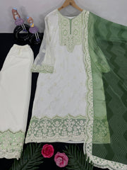 Fashionable White And Green  Color Work Palazzo Suit