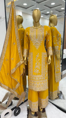 Luxuriant Chinnon Embroidery Work Yellow Color Sharara Suit