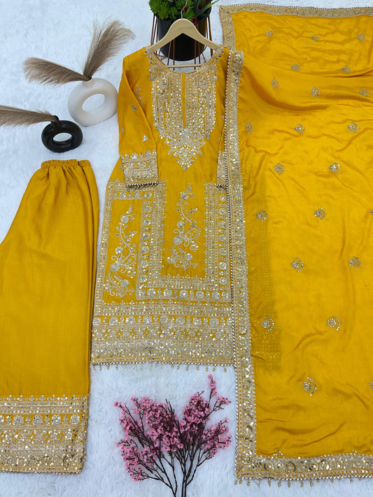 Luxuriant Chinnon Embroidery Work Yellow Color Sharara Suit