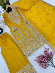 Luxuriant Chinnon Embroidery Work Yellow Color Sharara Suit