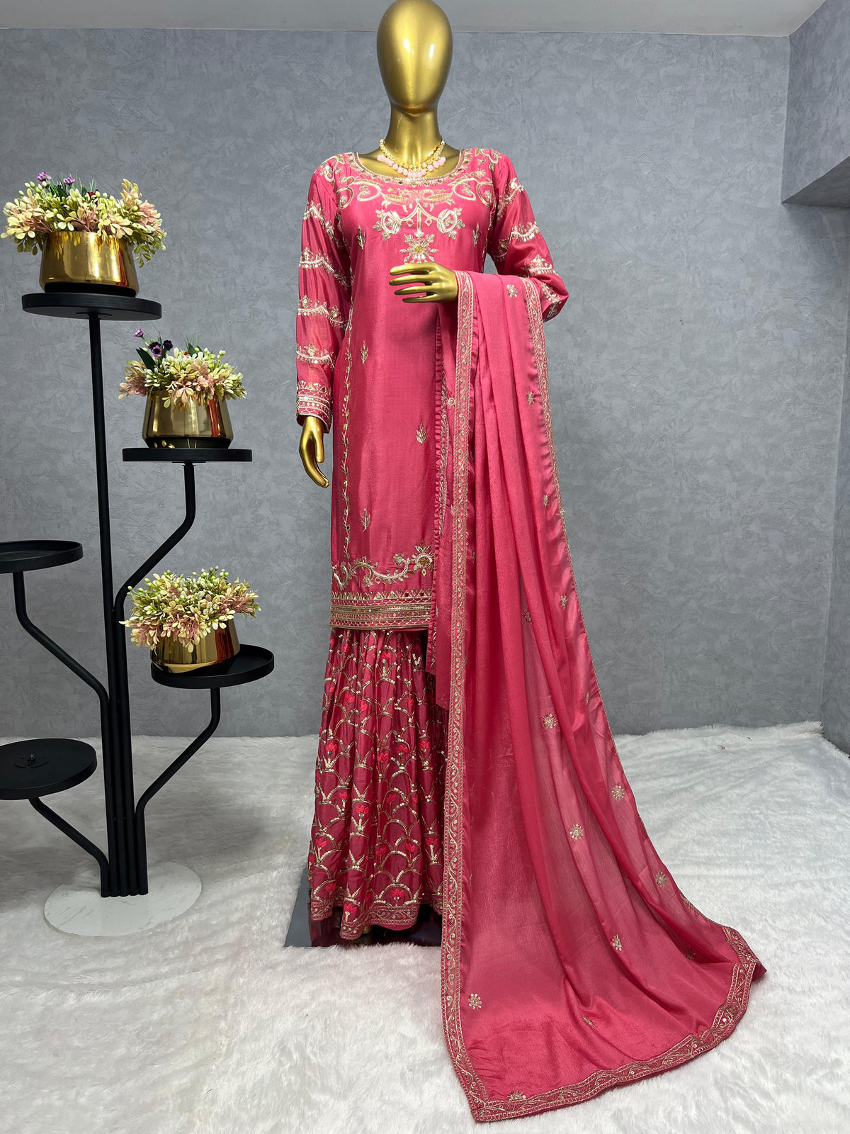 Attractive Sequence Work With Mirror Work Pink Sharara Suit