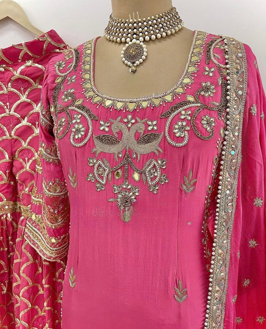 Attractive Sequence Work With Mirror Work Pink Sharara Suit