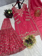 Attractive Sequence Work With Mirror Work Pink Sharara Suit