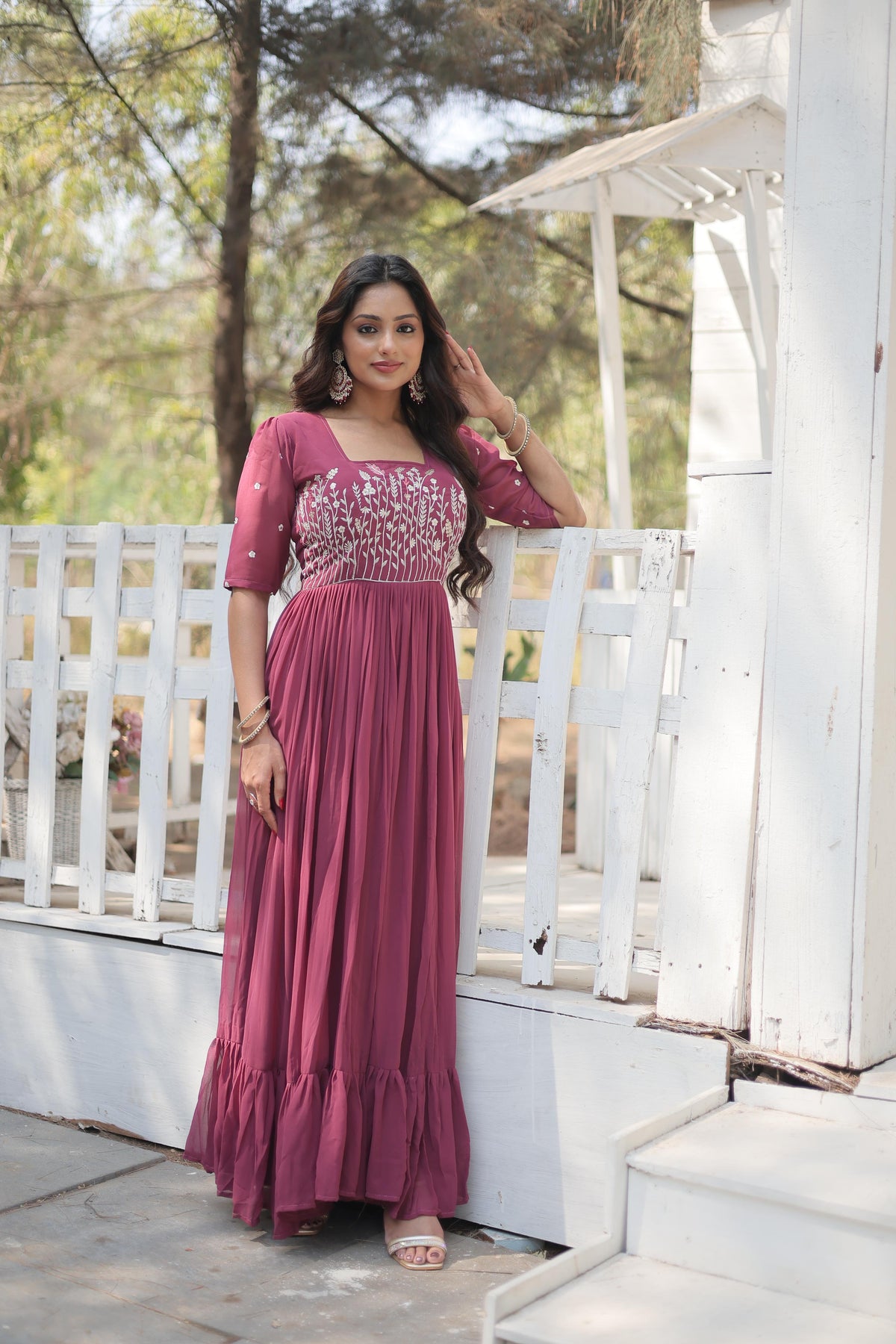 Shining Georgette Multi Thread Dusty Pink Color Long Gown