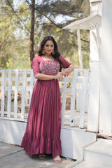 Shining Georgette Multi Thread Dusty Pink Color Long Gown