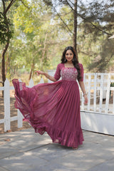 Shining Georgette Multi Thread Dusty Pink Color Long Gown