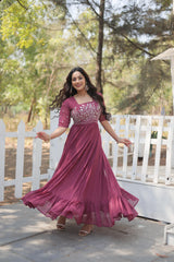 Shining Georgette Multi Thread Dusty Pink Color Long Gown