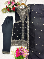 Elegant Black Color Chinon Silk Embroidery Work Salwar Suit