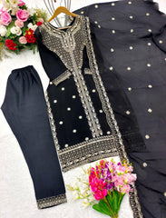 Elegant Black Color Chinon Silk Embroidery Work Salwar Suit