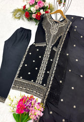 Elegant Black Color Chinon Silk Embroidery Work Salwar Suit