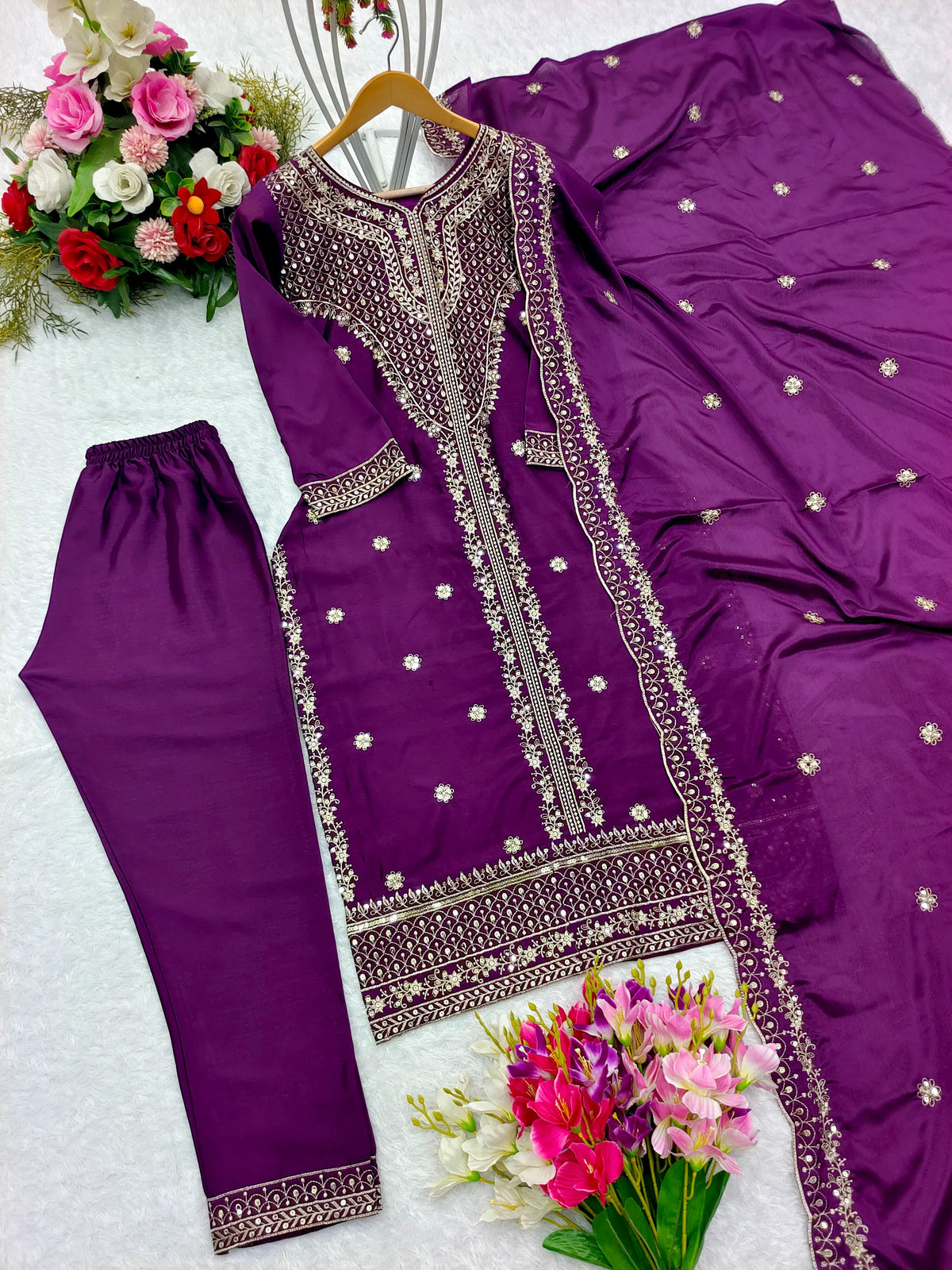 Elegant Purple Color Chinon Silk Embroidery Work Salwar Suit