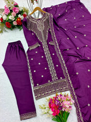 Elegant Purple Color Chinon Silk Embroidery Work Salwar Suit