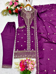 Elegant Purple Color Chinon Silk Embroidery Work Salwar Suit