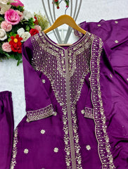 Elegant Purple Color Chinon Silk Embroidery Work Salwar Suit