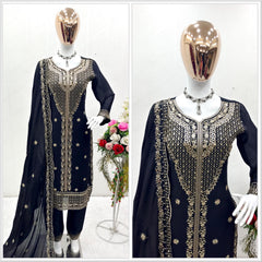 Elegant Black Color Chinon Silk Embroidery Work Salwar Suit