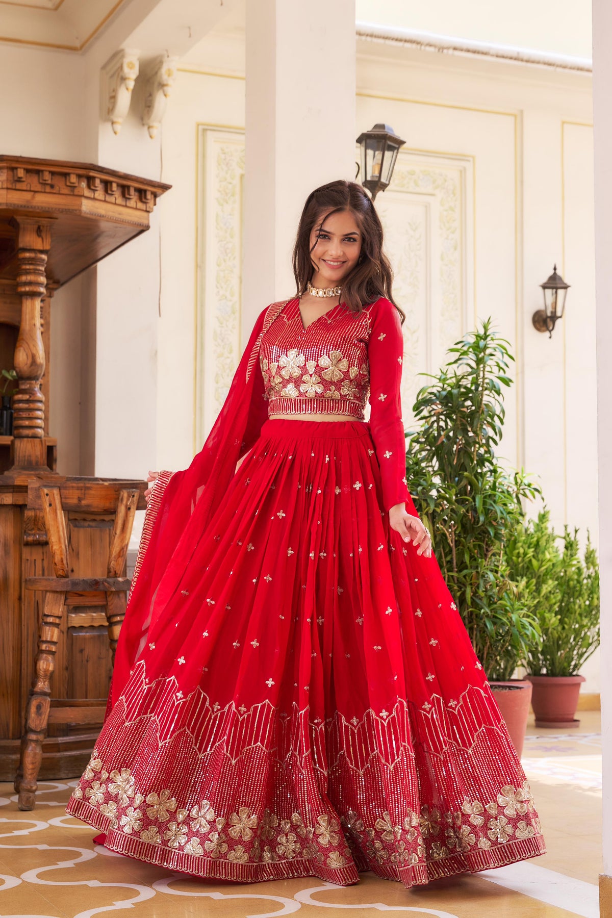 Function Wear Sequence Work Red Color Georgette Lehenga Choli