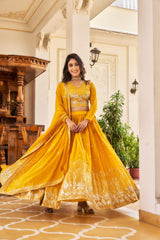 Function Wear Sequence Work Yellow Color Georgette Lehenga Choli