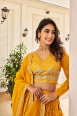 Function Wear Sequence Work Yellow Color Georgette Lehenga Choli