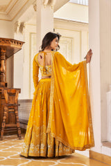 Function Wear Sequence Work Yellow Color Georgette Lehenga Choli