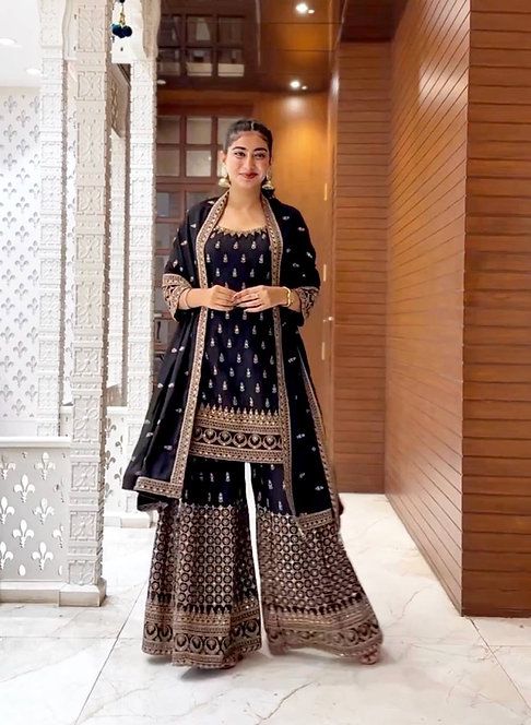 Georgette Thread Work Black Color Beautiful Sharara Suit