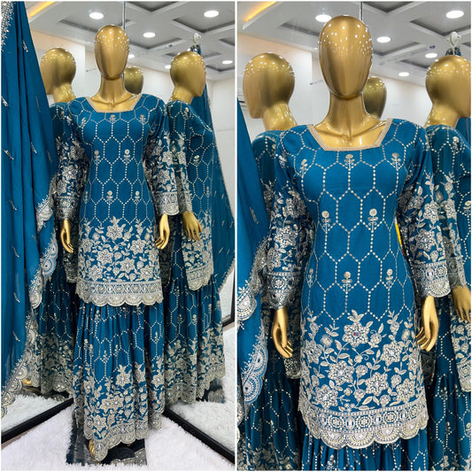 Shining Gorgeous Sequence Work Teal Blue Color Silk Sharara Suit