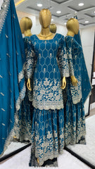 Shining Gorgeous Sequence Work Teal Blue Color Silk Sharara Suit