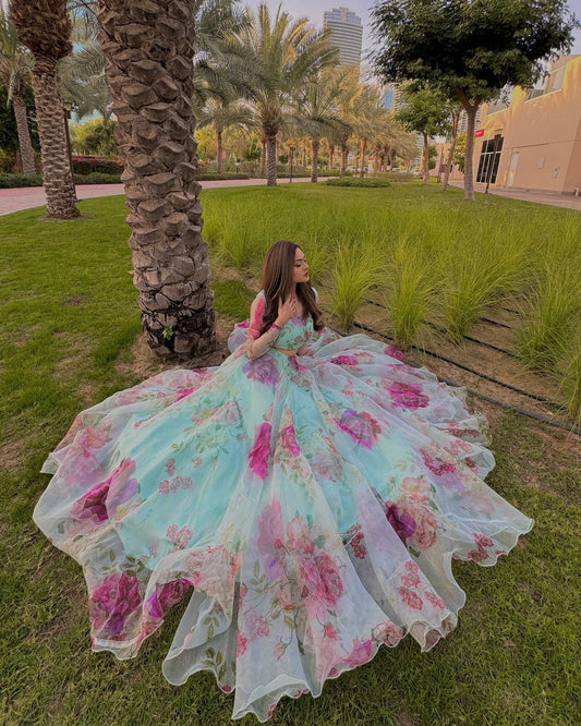 Beautiful Flower Print Sky Blue Organza Silk Lehenga Choli