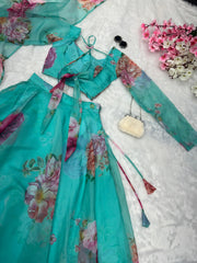 Beautiful Flower Print Sky Blue Organza Silk Lehenga Choli