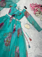 Beautiful Flower Print Sky Blue Organza Silk Lehenga Choli