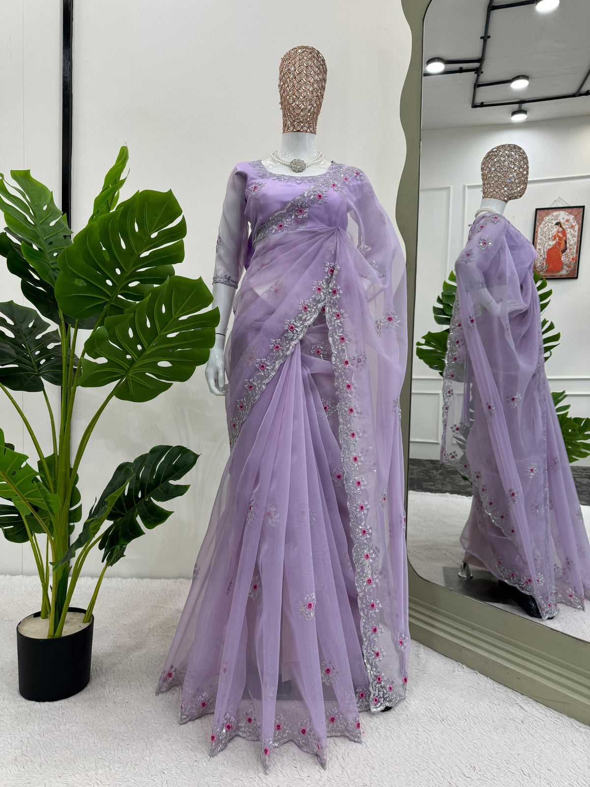 Designer Organza Silk Lavender Color Sequence Work Saree