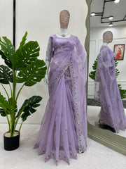 Designer Organza Silk Lavender Color Sequence Work Saree