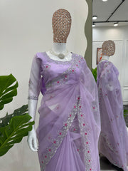 Designer Organza Silk Lavender Color Sequence Work Saree