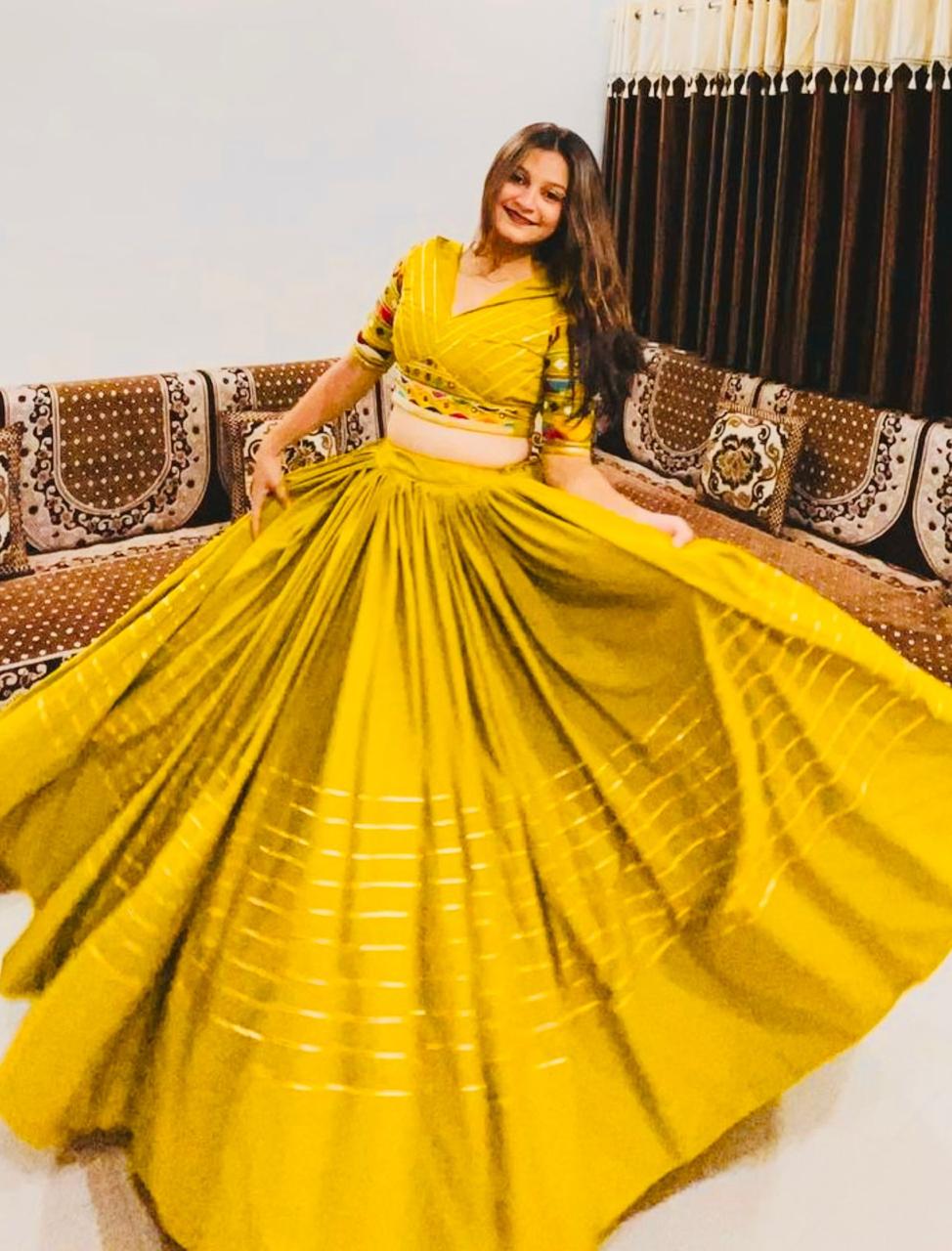 Haldi Wear Cotton Embroidery With Mirror Work Mustard Lehenga Choli