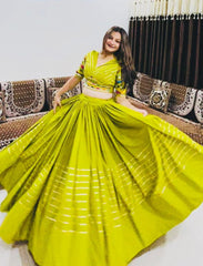 Beautiful Cotton Embroidery With Mirror Work Lemon Lehenga Choli