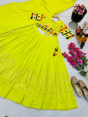 Beautiful Cotton Embroidery With Mirror Work Lemon Lehenga Choli