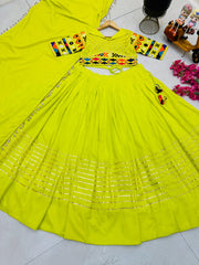 Beautiful Cotton Embroidery With Mirror Work Lemon Lehenga Choli