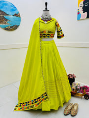 Beautiful Cotton Embroidery With Mirror Work Lemon Lehenga Choli