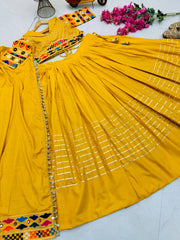 Haldi Wear Cotton Embroidery With Mirror Work Mustard Lehenga Choli