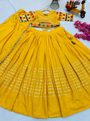 Haldi Wear Cotton Embroidery With Mirror Work Mustard Lehenga Choli