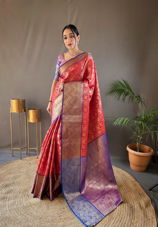 Wonderful Red Color Contrast Weaving Pallu Silk Saree