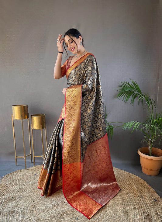 Wonderful Black Color Contrast Weaving Pallu Silk Saree