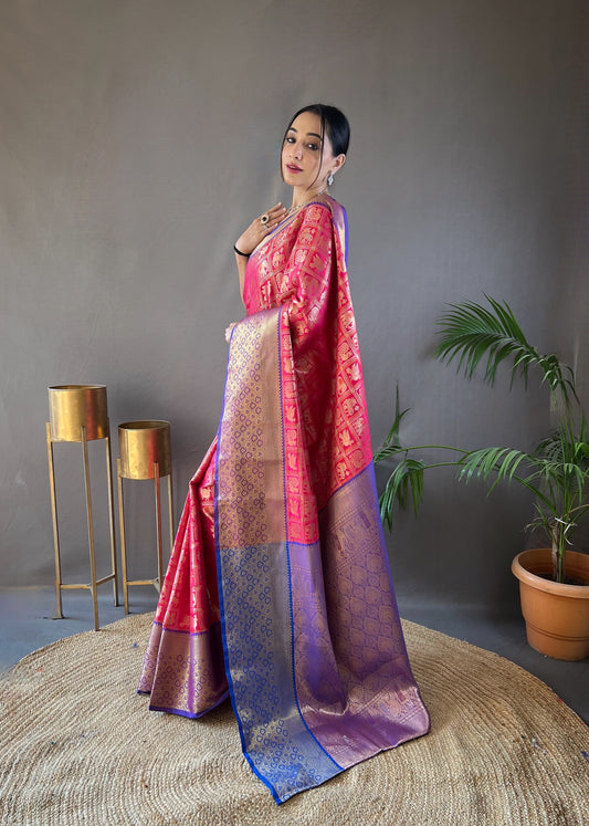 Wonderful Pink Color Contrast Weaving Pallu Silk Saree