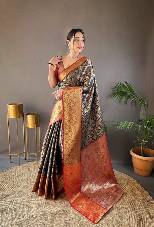 Wonderful Black Color Contrast Weaving Pallu Silk Saree